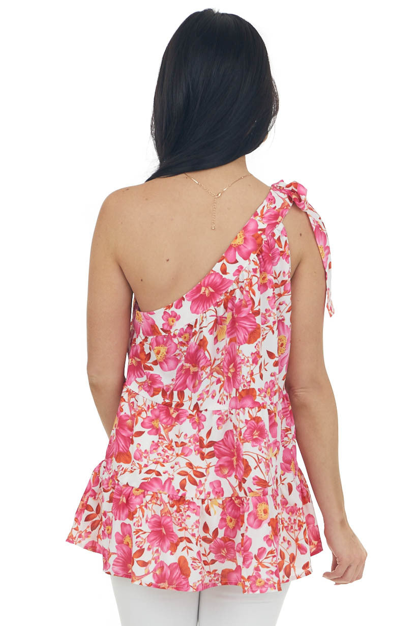Magenta Floral One Shoulder Tie Strap Blouse