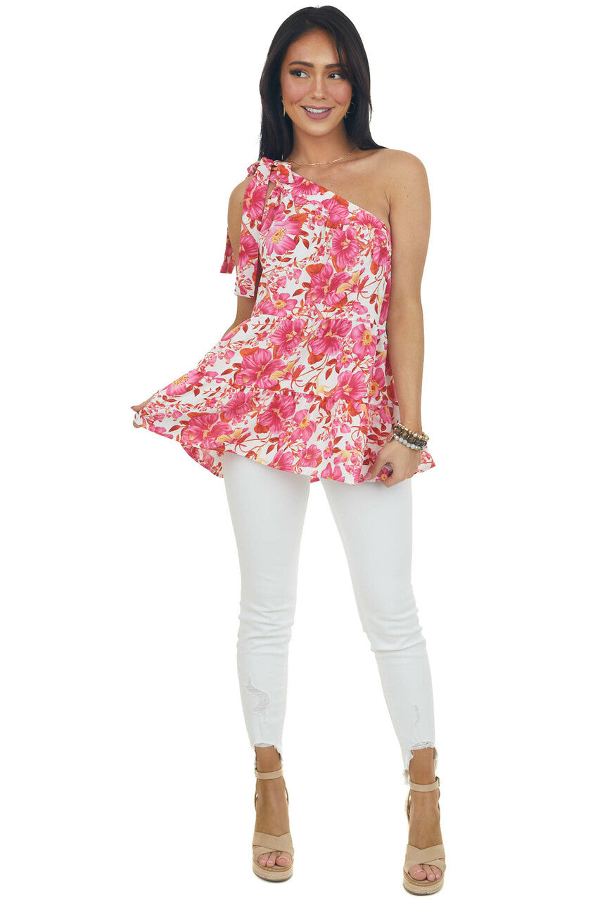 Magenta Floral One Shoulder Tie Strap Blouse