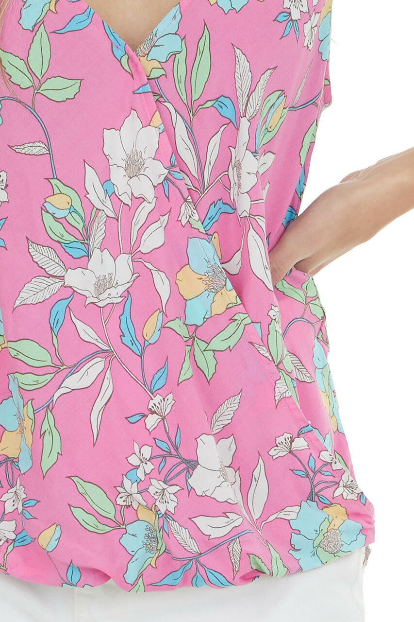 Magenta Floral Print Surplice Tank Top 