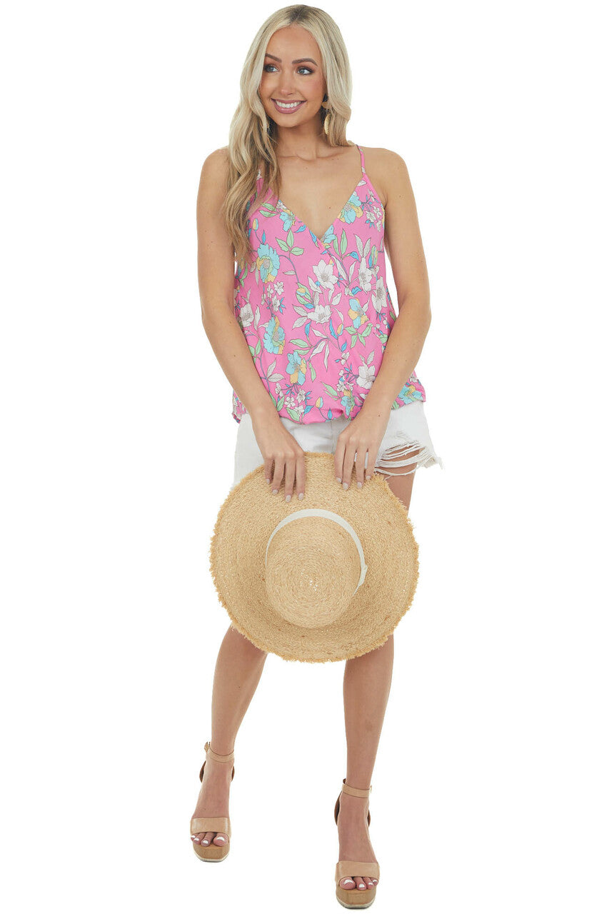 Magenta Floral Print Surplice Tank Top 