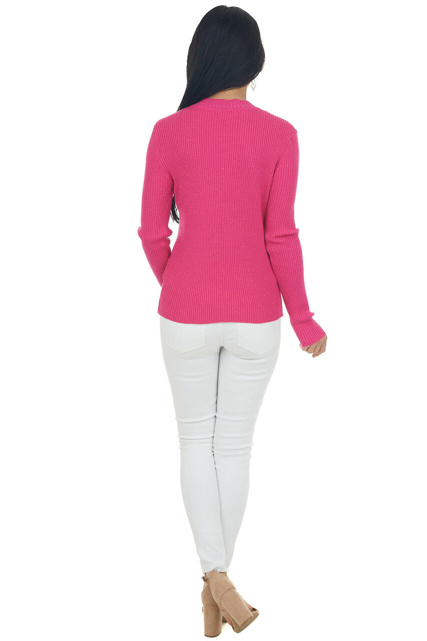 Magenta Long Sleeve Mesh Yoke Ribbed Knit Top