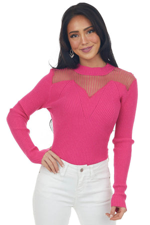 Magenta Long Sleeve Mesh Yoke Ribbed Knit Top