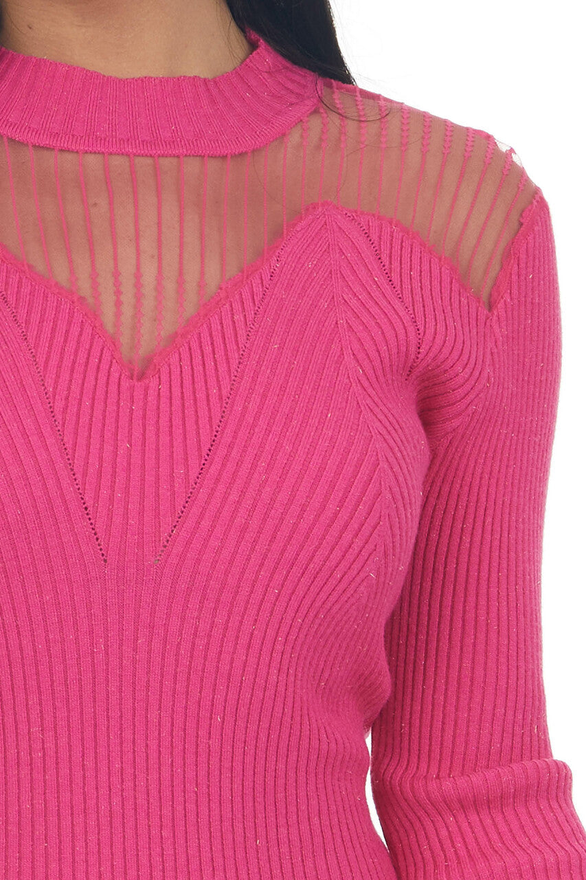 Magenta Long Sleeve Mesh Yoke Ribbed Knit Top