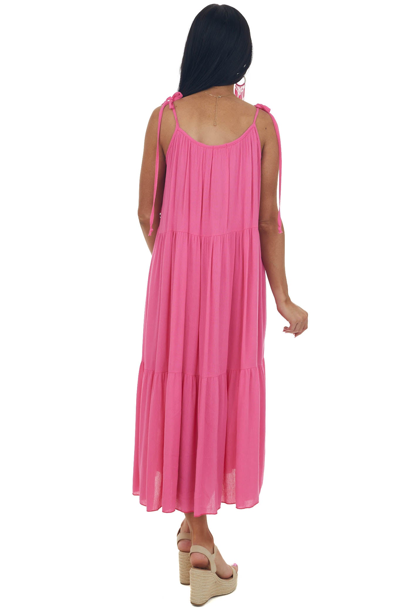 Magenta Sleeveless Tiered Woven Midi Dress