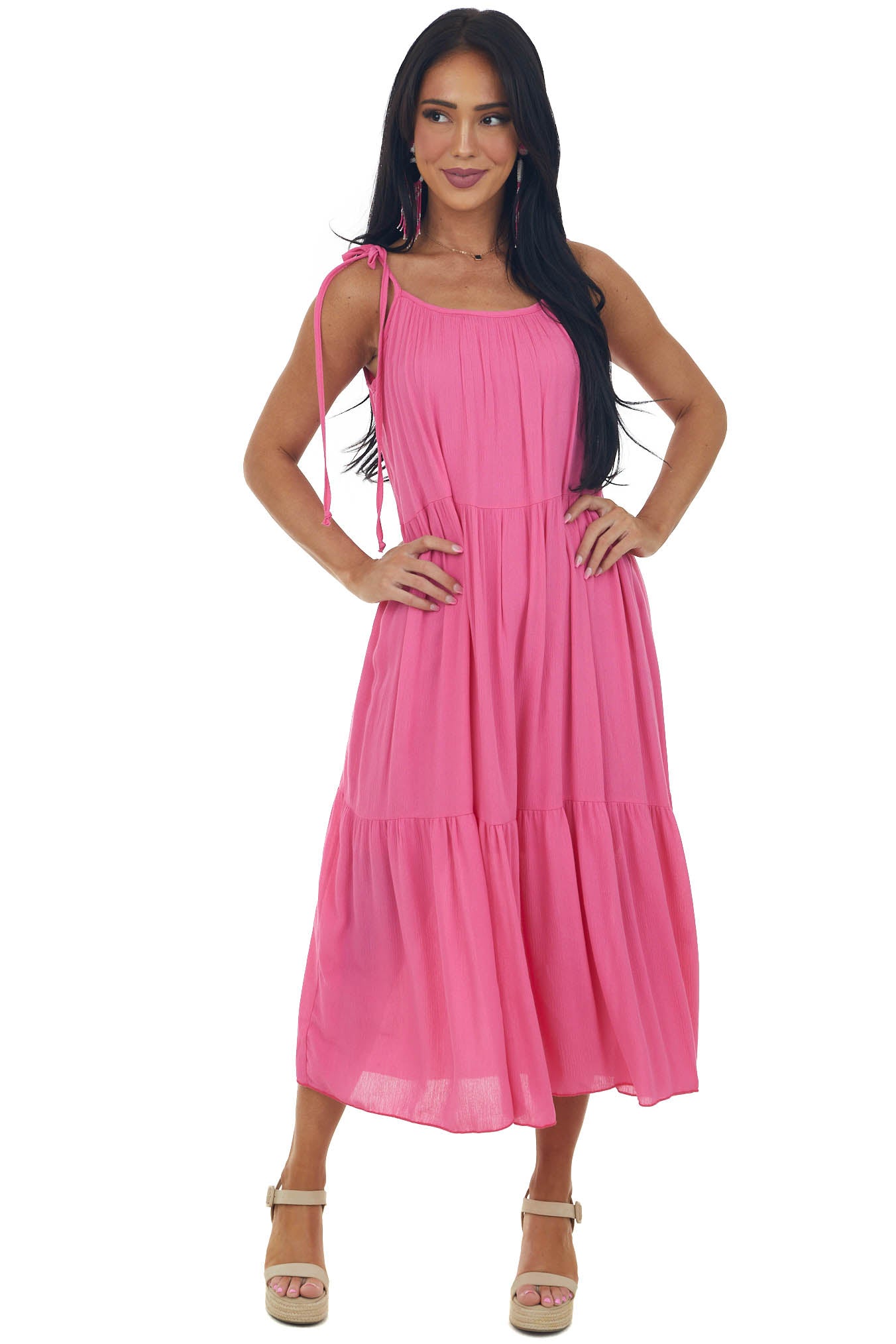 Magenta Sleeveless Tiered Woven Midi Dress