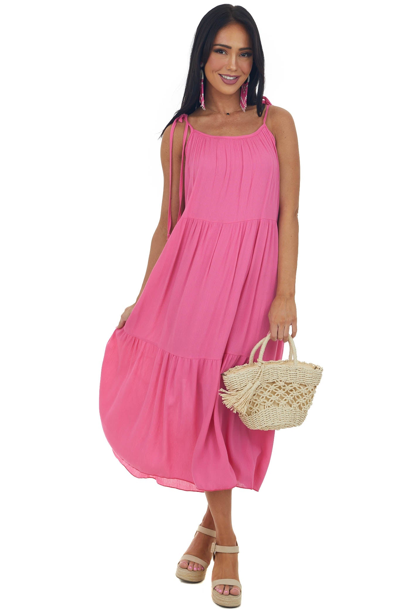 Magenta Sleeveless Tiered Woven Midi Dress