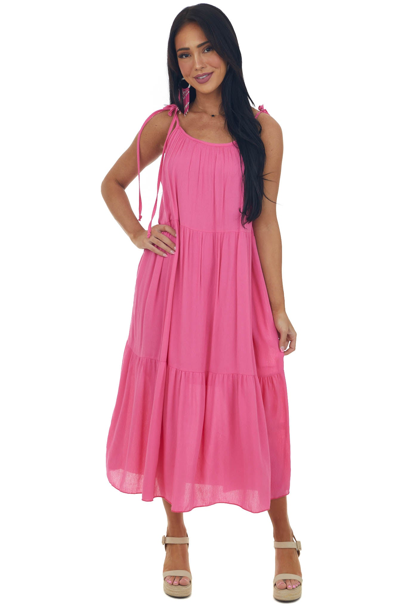 Magenta Sleeveless Tiered Woven Midi Dress