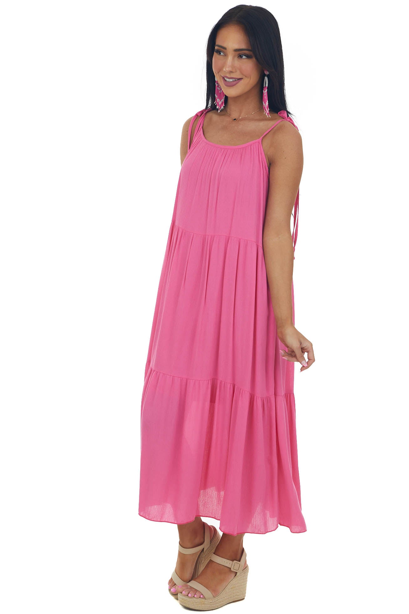 Magenta Sleeveless Tiered Woven Midi Dress