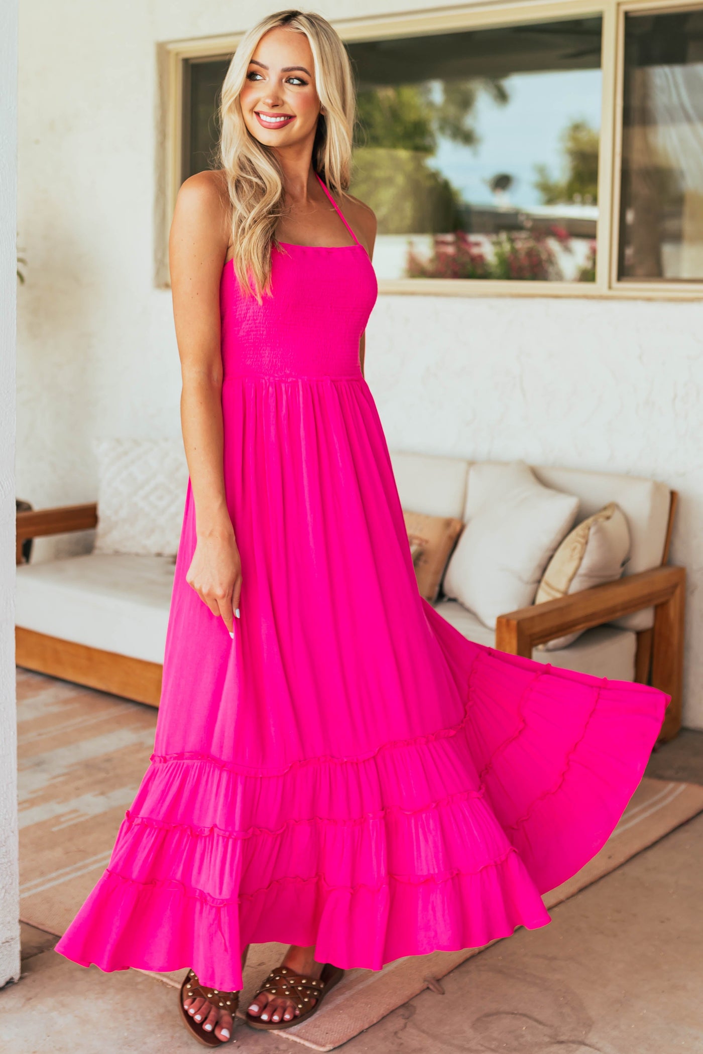 Magenta Smocked Strappy Back Halter Maxi Dress