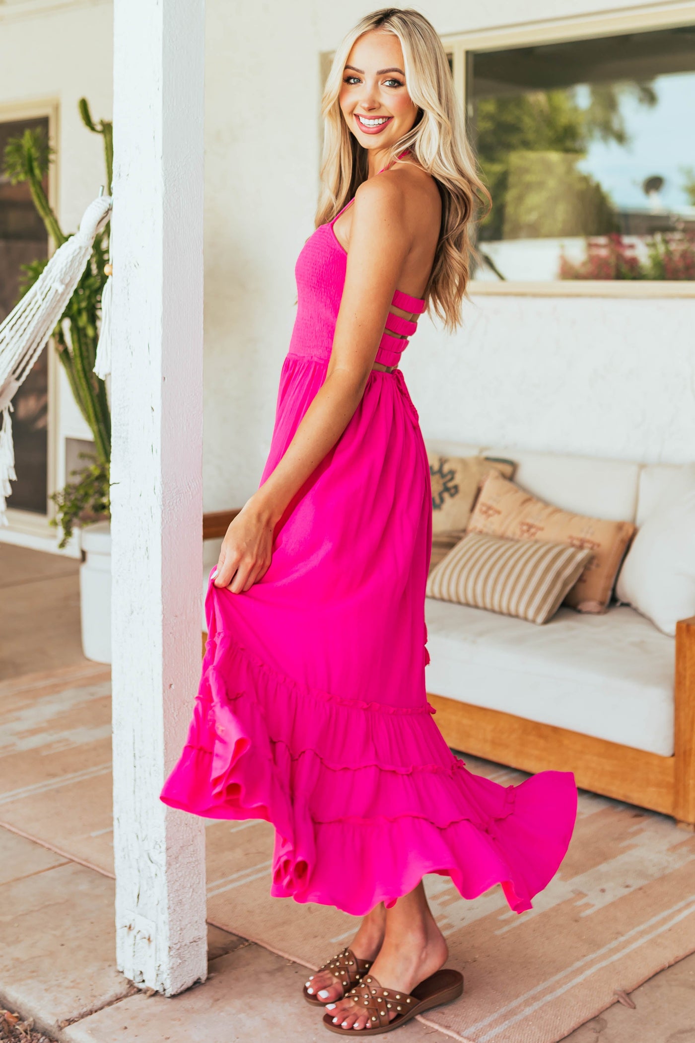 Magenta Smocked Strappy Back Halter Maxi Dress
