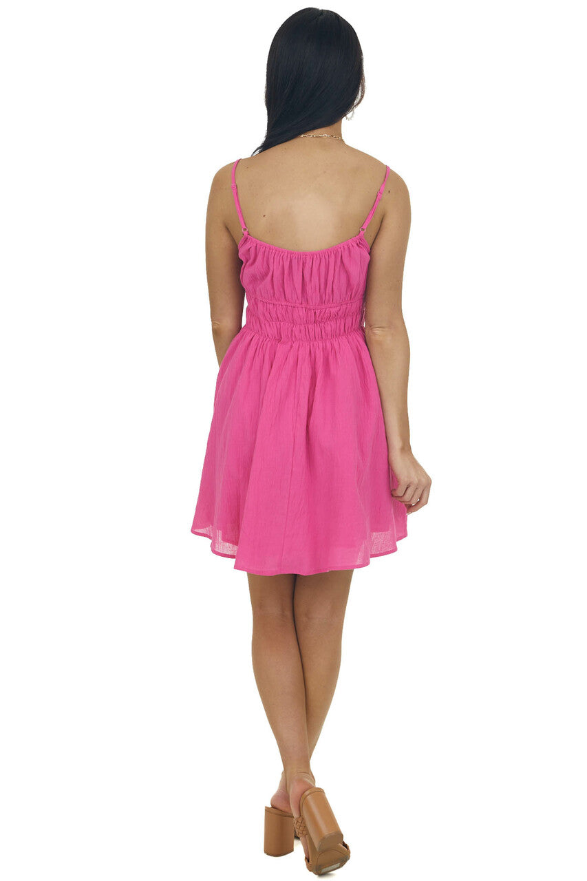 Magenta Sleeveless Strap Ruched Waist Mini Dress 
