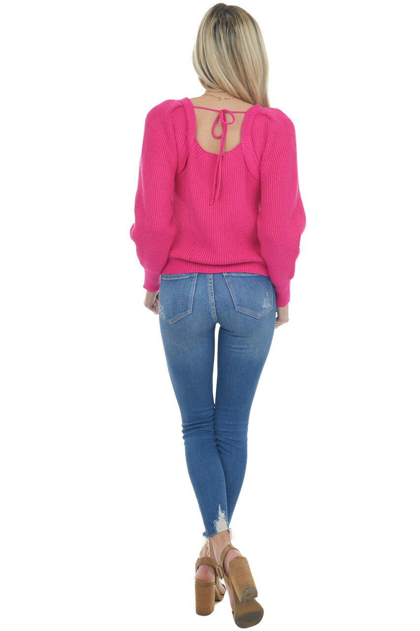 Magenta Square Neckline Long Sleeve Sweater