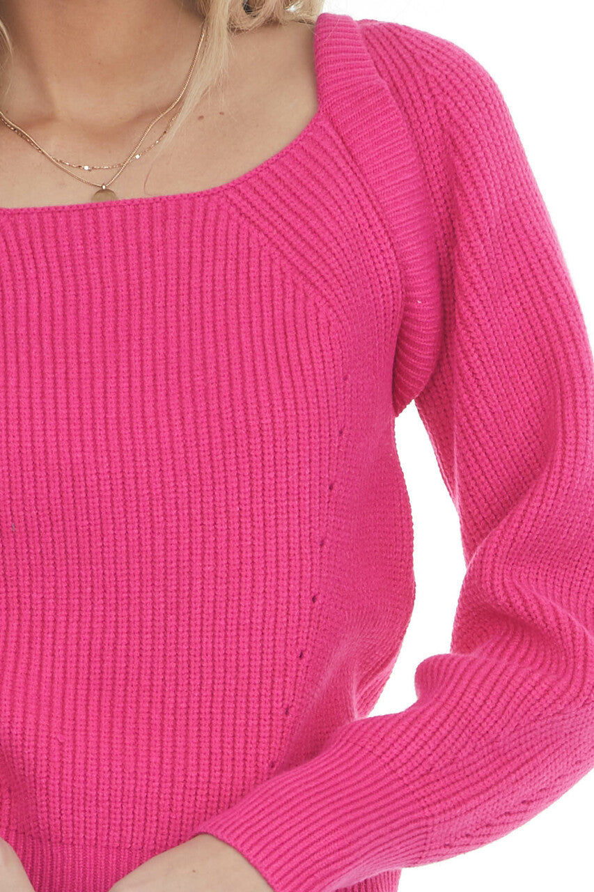 Magenta Square Neckline Long Sleeve Sweater