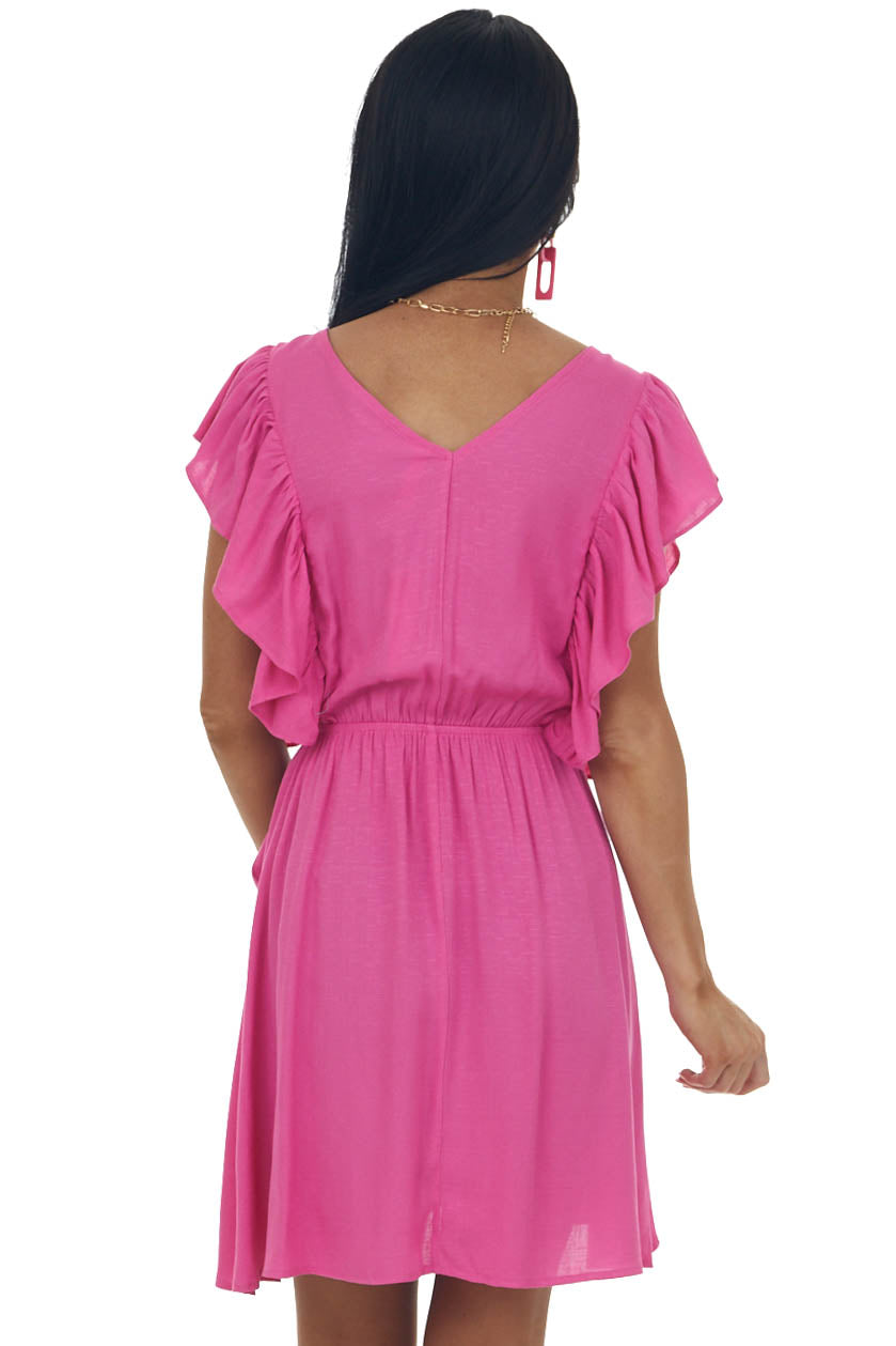 Magenta Surplice Neck Ruffle Sleeve Short Dress