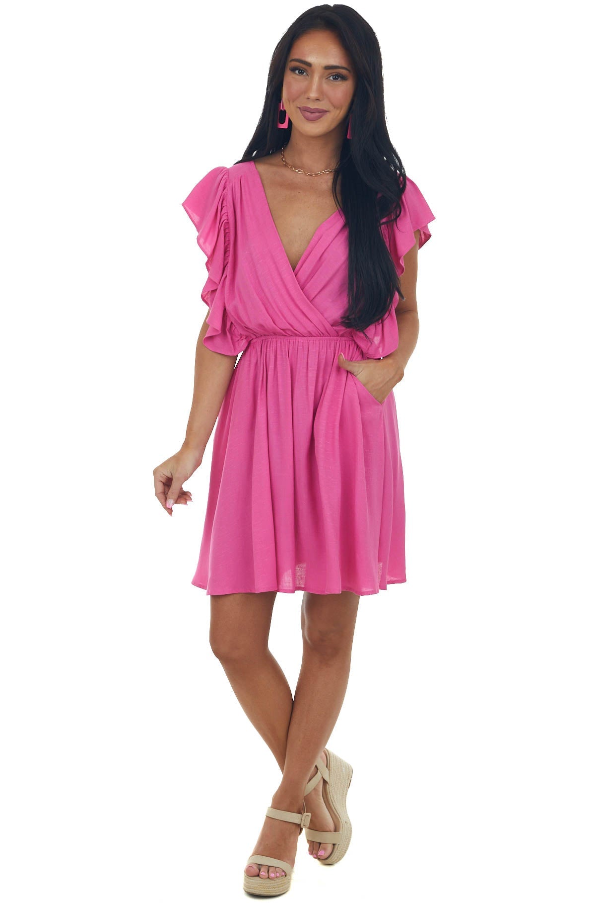Magenta Surplice Neck Ruffle Sleeve Short Dress