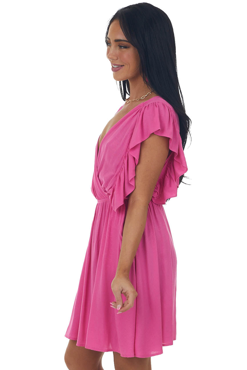 Magenta Surplice Neck Ruffle Sleeve Short Dress