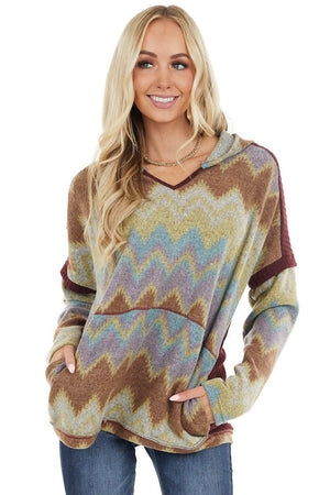 Mahogany Aztec Print Long Sleeve Top with Hood and Pockets