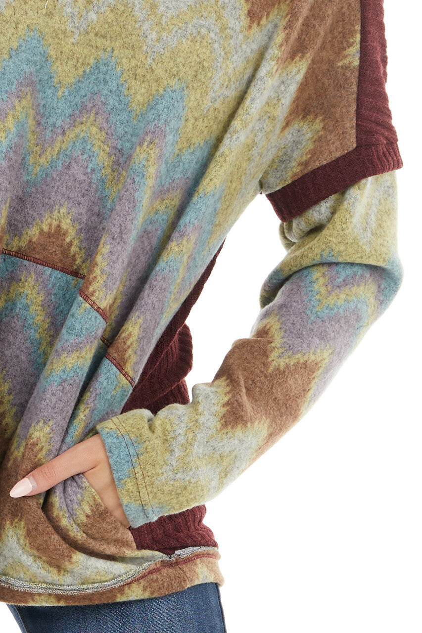 Mahogany Aztec Print Long Sleeve Top with Hood and Pockets
