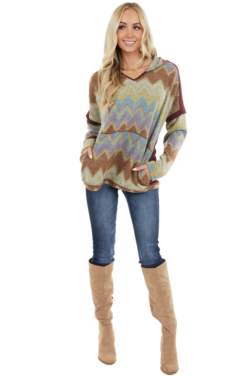 Mahogany Aztec Print Long Sleeve Top with Hood and Pockets