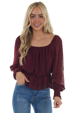 Mahogany Long Sleeve Peplum Swiss Dot Blouse