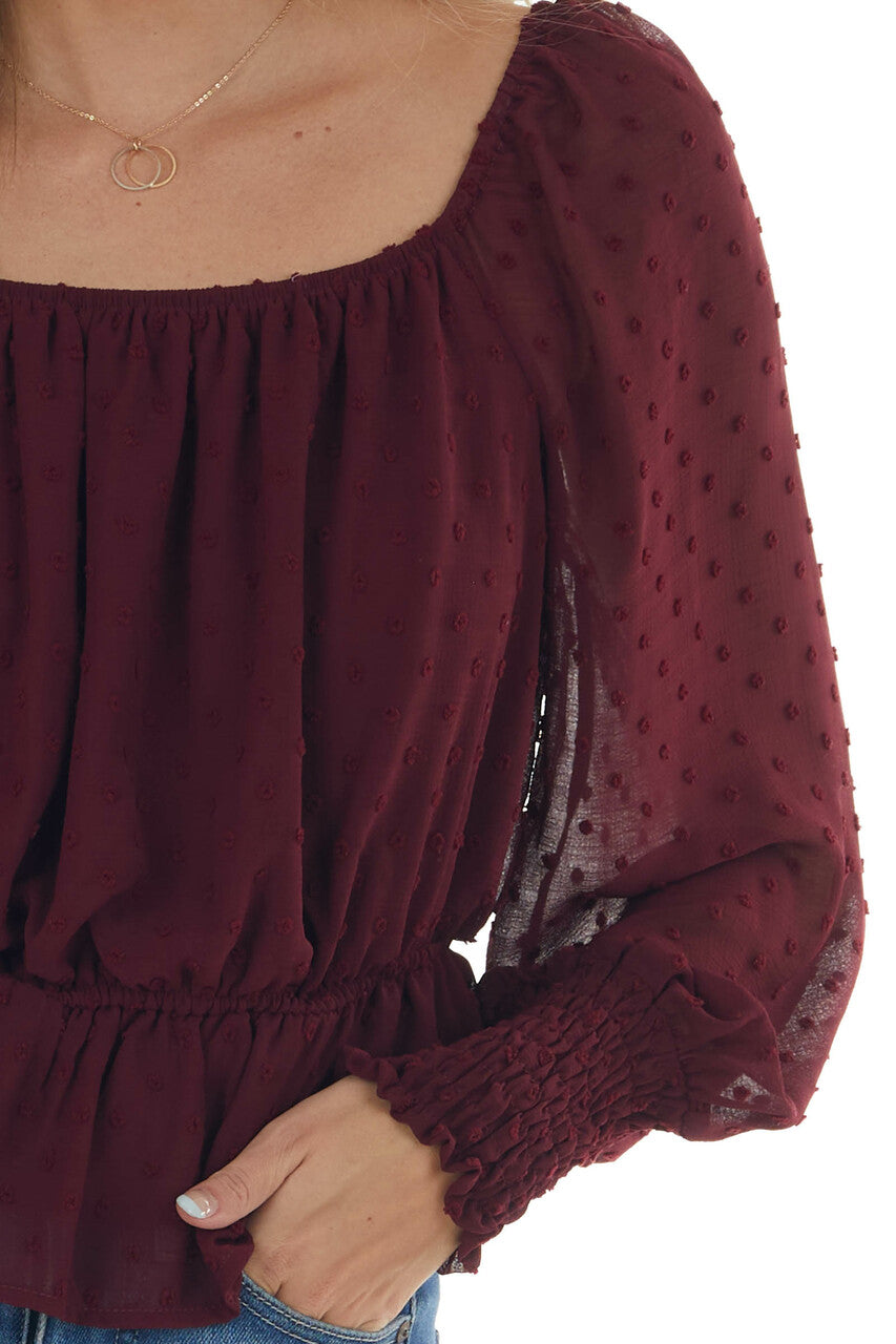 Mahogany Long Sleeve Peplum Swiss Dot Blouse