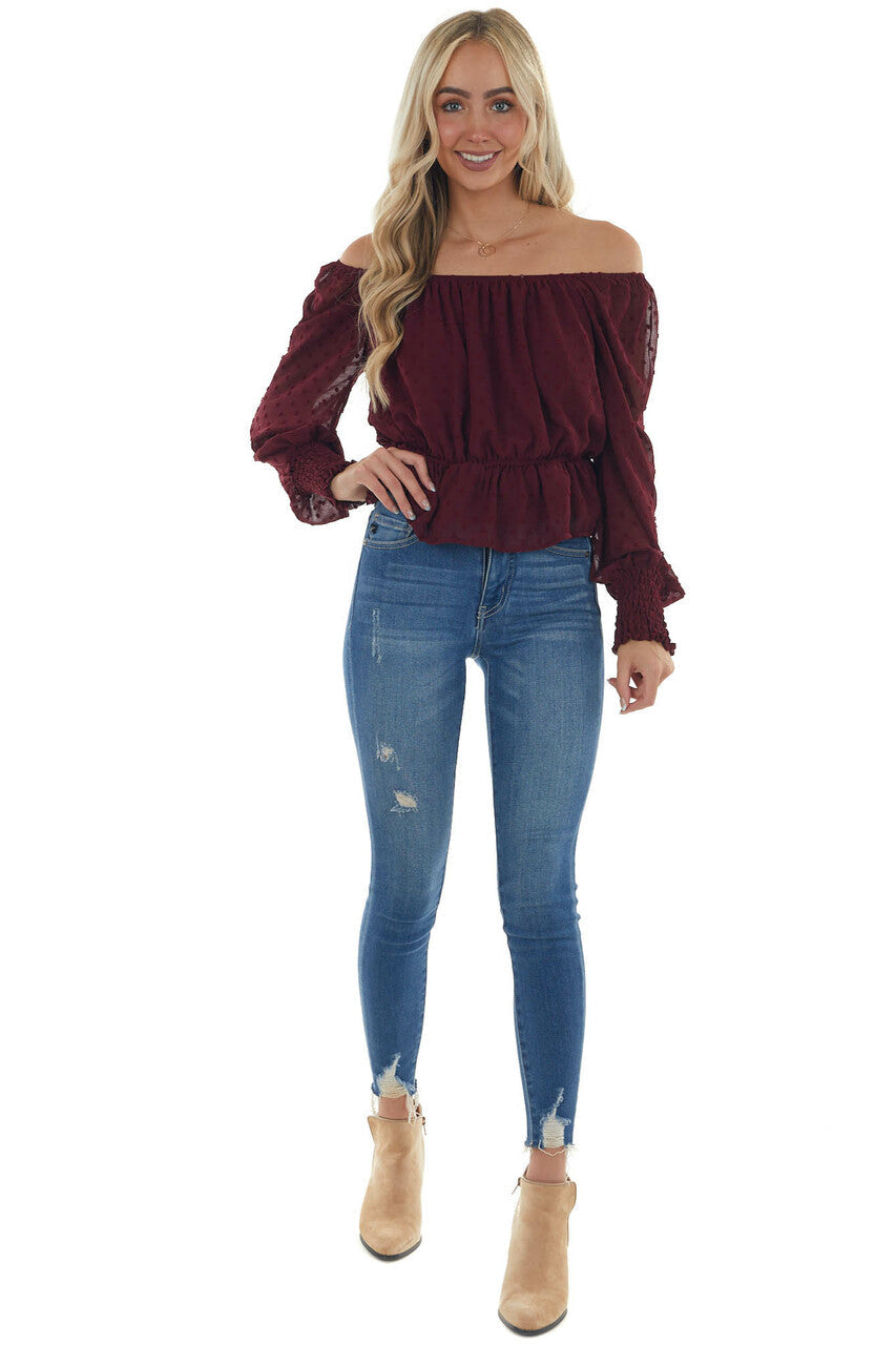 Mahogany Long Sleeve Peplum Swiss Dot Blouse