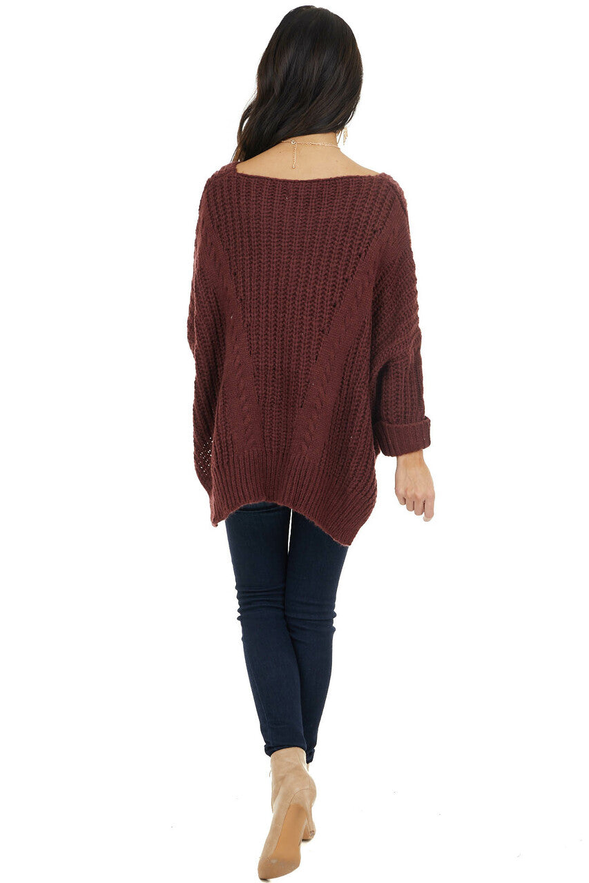 Mahogany Oversized Cable Knit Sweater with Side Slits
