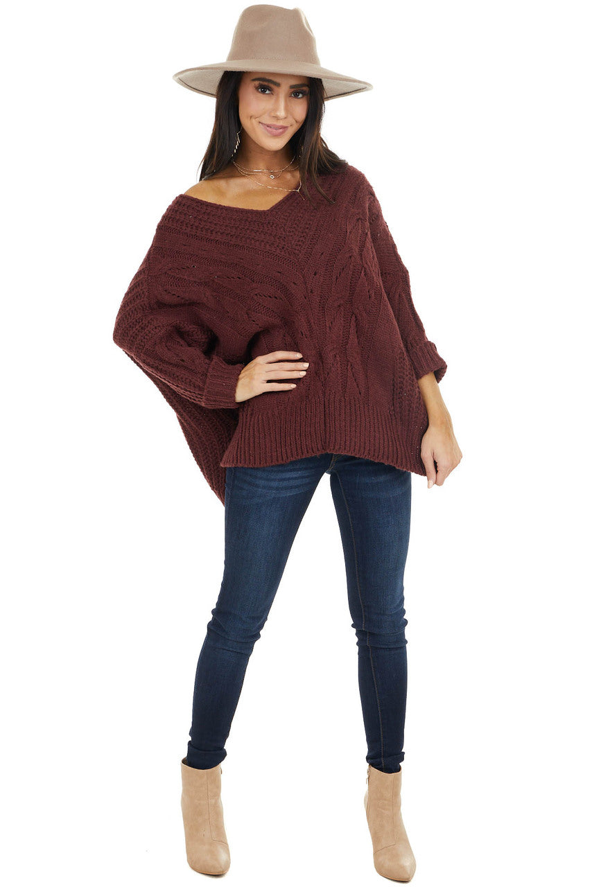 Mahogany Oversized Cable Knit Sweater with Side Slits