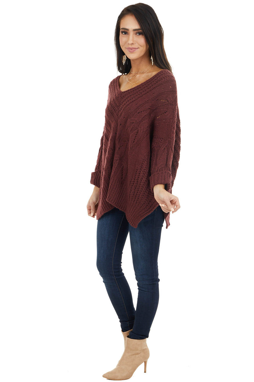 Mahogany Oversized Cable Knit Sweater with Side Slits