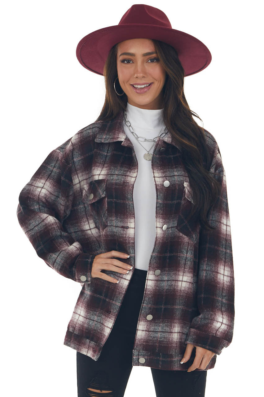 Mahogany Plaid Soft Button Up Shirt Jacket