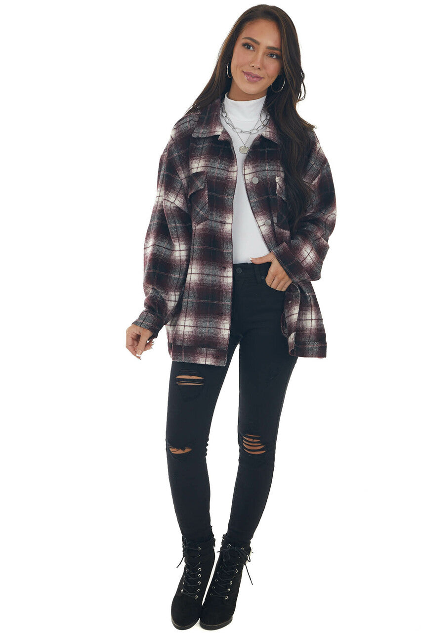 Mahogany Plaid Soft Button Up Shirt Jacket