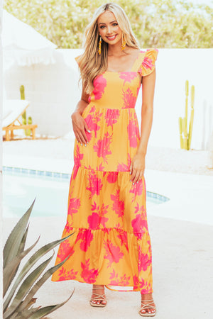 Marigold Floral Ruffle Strap Tiered Maxi Dress