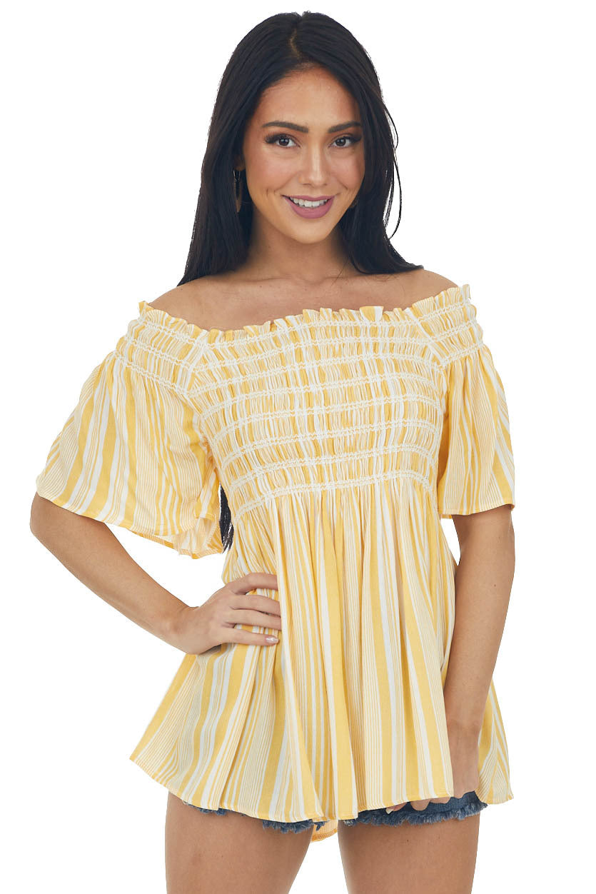 Marigold Striped Smocked Bodice Peplum Blouse