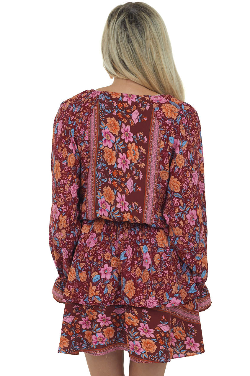 Maroon and Sienna Floral Print Surplice Ruffle Dress