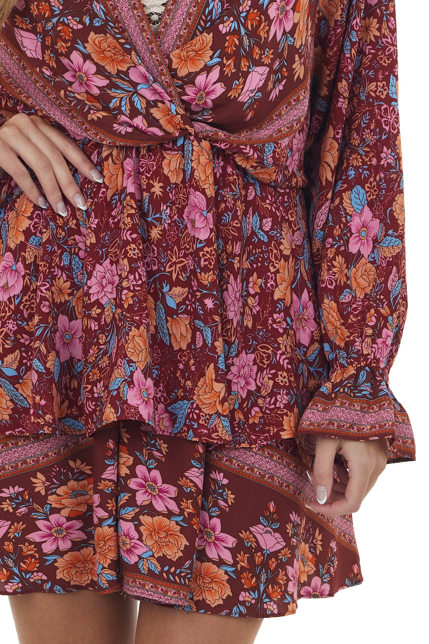 Maroon and Sienna Floral Print Surplice Ruffle Dress