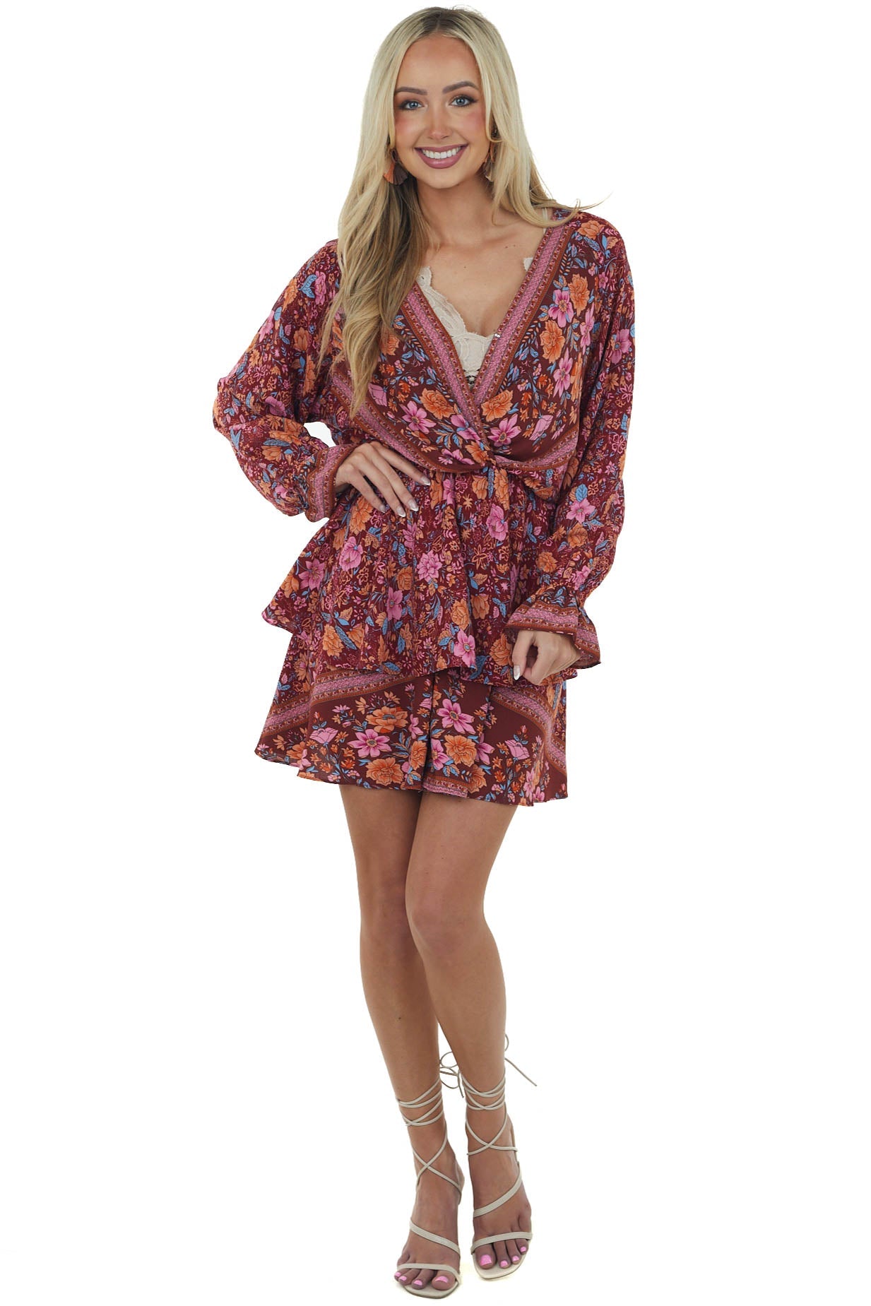 Maroon and Sienna Floral Print Surplice Ruffle Dress