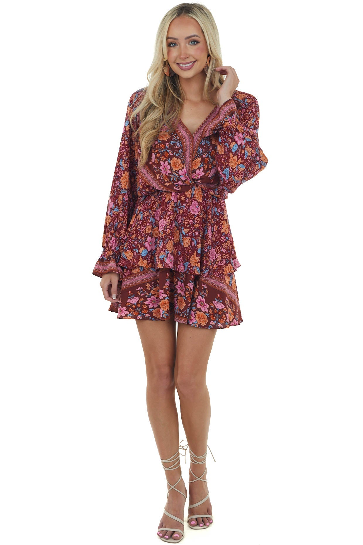 Maroon and Sienna Floral Print Surplice Ruffle Dress