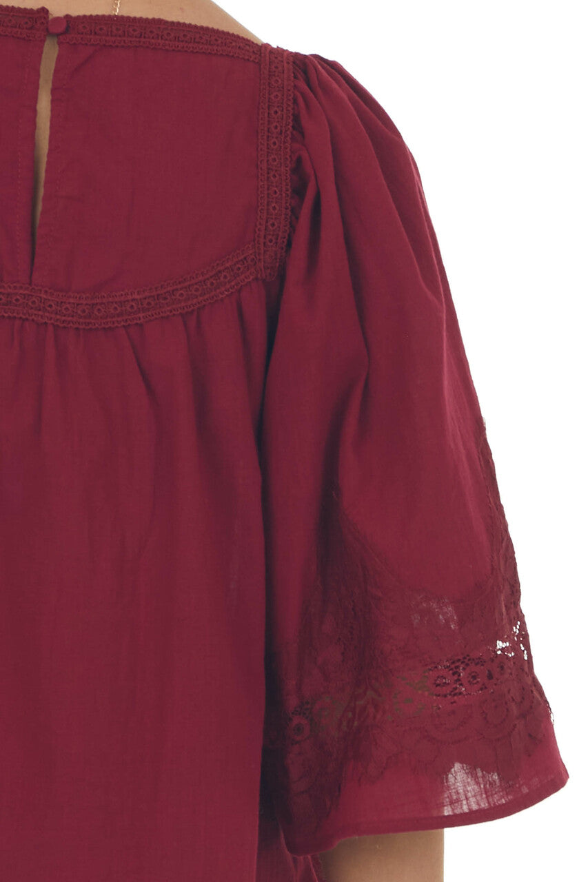 Maroon Flare Sleeve Lace Trim Blouse