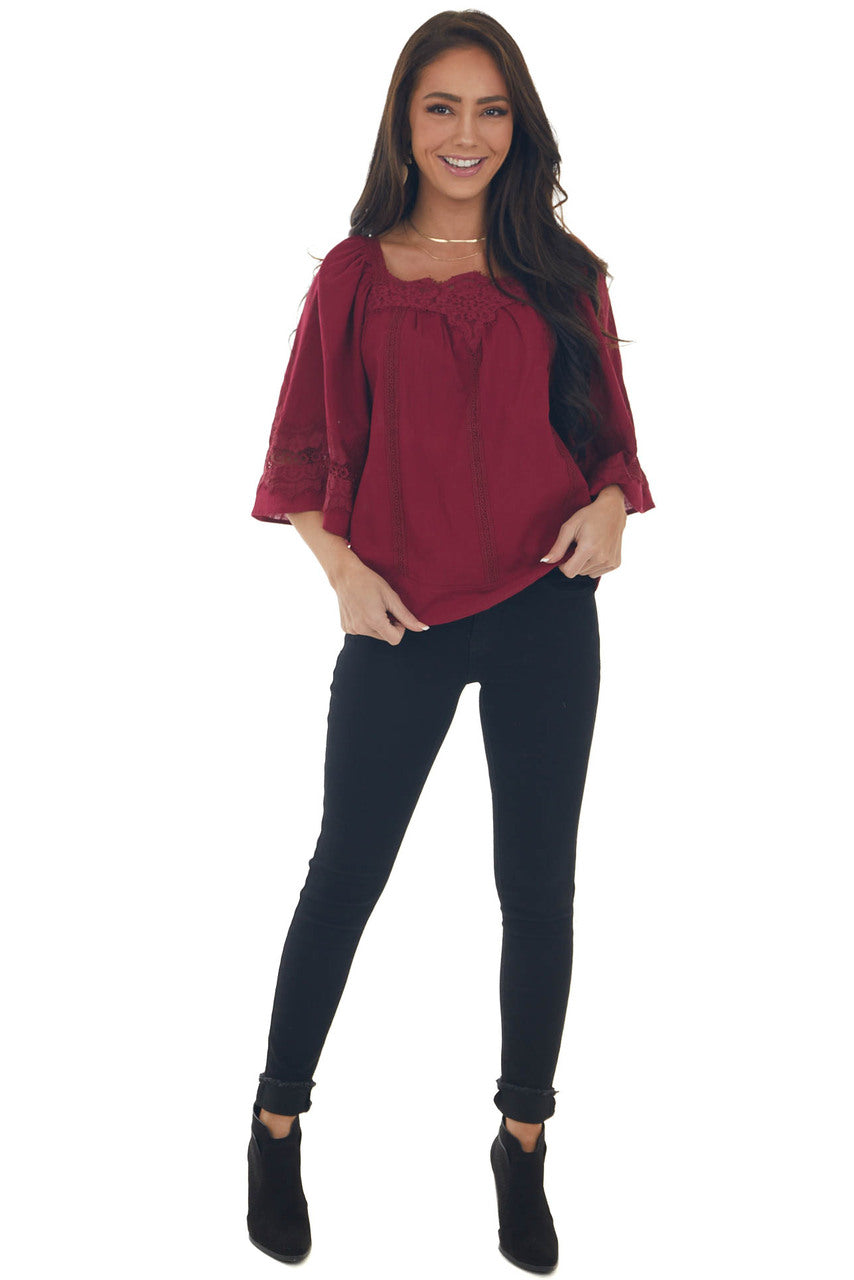 Maroon Flare Sleeve Lace Trim Blouse
