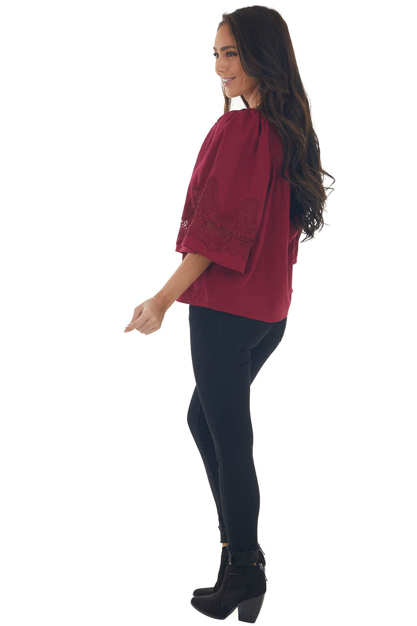 Maroon Flare Sleeve Lace Trim Blouse
