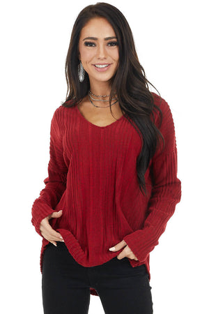 Maroon Long Sleeve Wide Neck Knit Top with Ribbed Detail