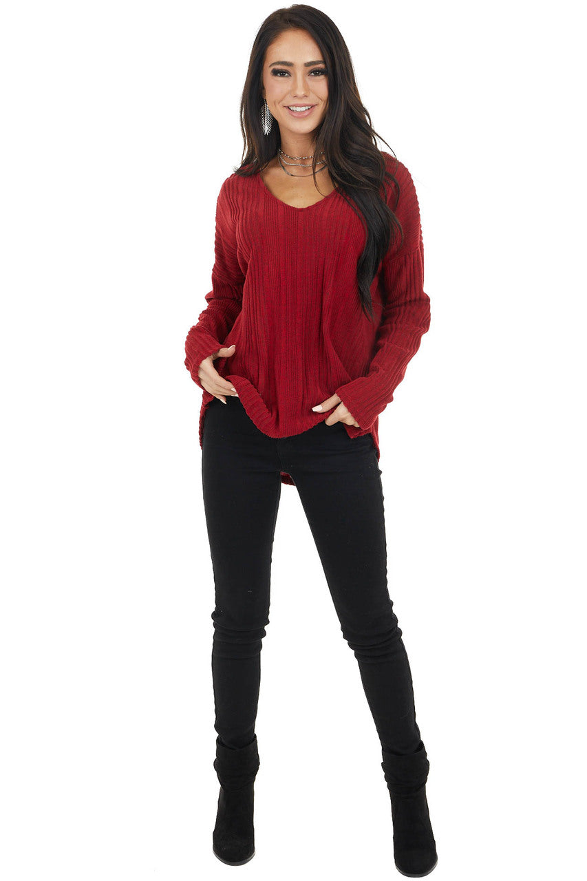 Maroon Long Sleeve Wide Neck Knit Top with Ribbed Detail