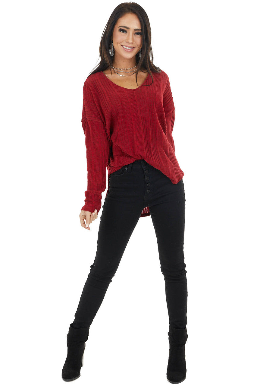 Maroon Long Sleeve Wide Neck Knit Top with Ribbed Detail