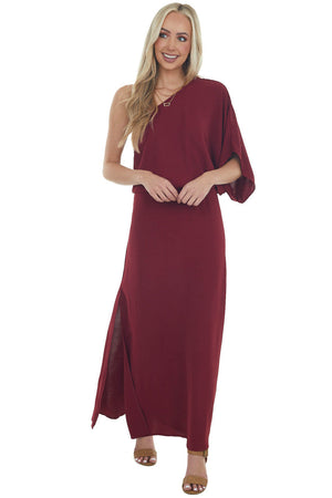 Maroon One Shoulder Elastic Waist Maxi Dress