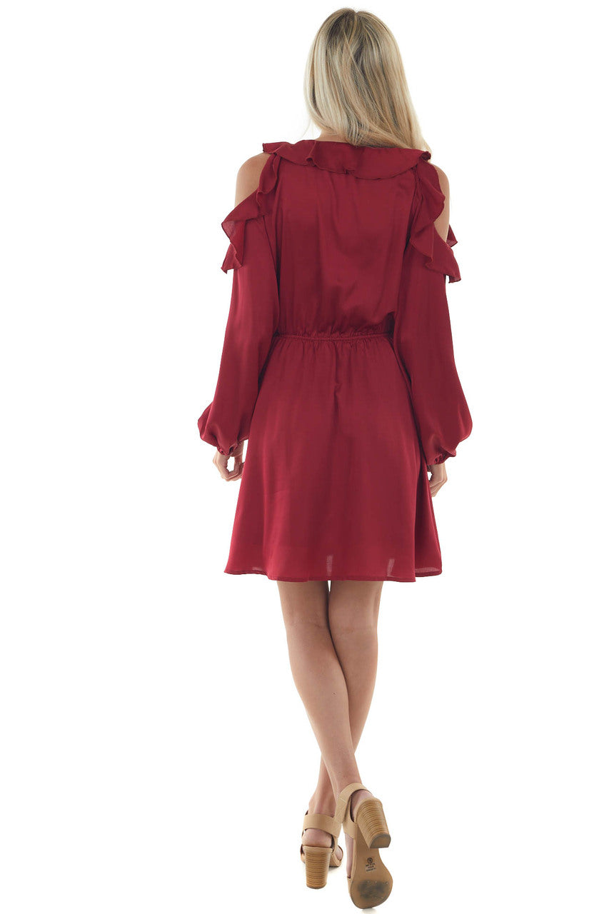 Maroon Red Cold Shoulder V Neck Short Dress 