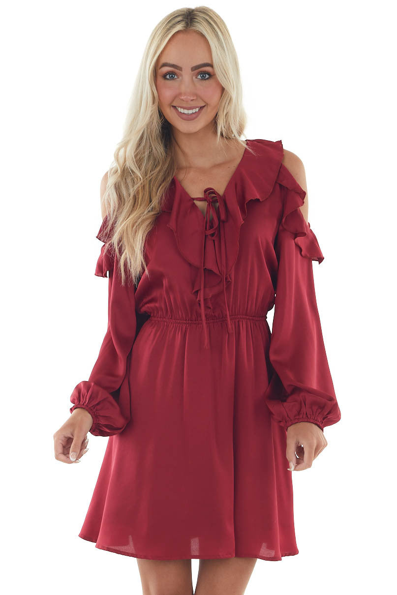 Maroon Red Cold Shoulder V Neck Short Dress 
