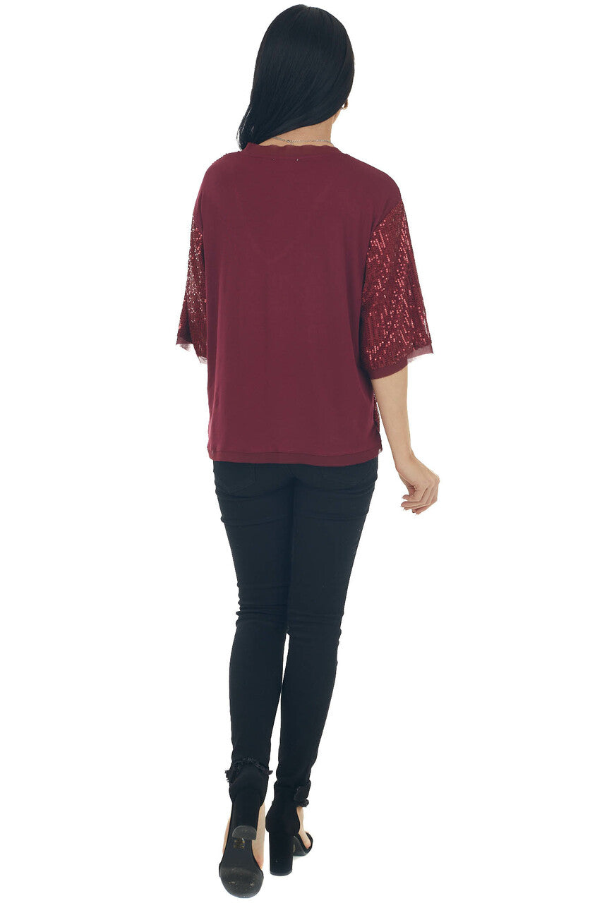 Maroon Sequined Half Sleeve V Neck Top