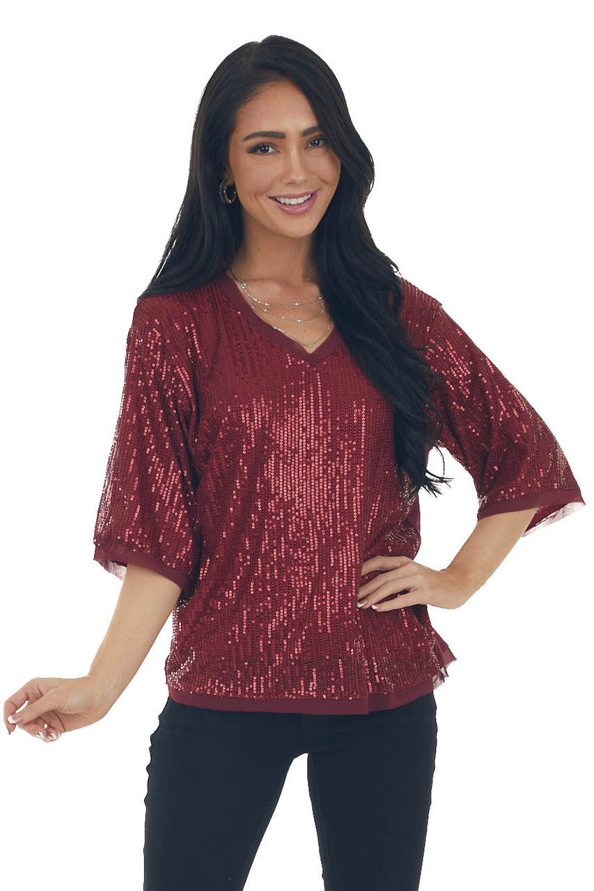 Maroon Sequined Half Sleeve V Neck Top