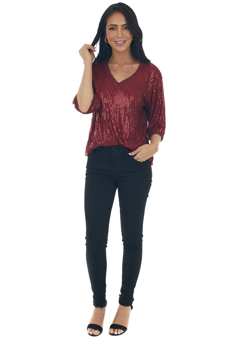 Maroon Sequined Half Sleeve V Neck Top