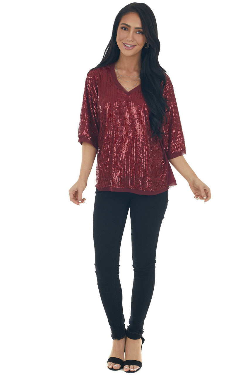 Maroon Sequined Half Sleeve V Neck Top